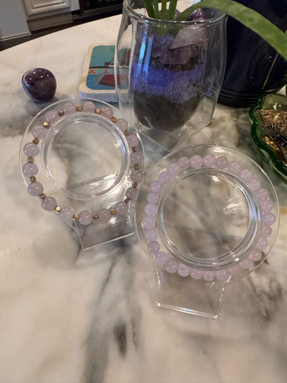 Genuine Rose Quartz Beaded Stretch Bracelet Set Heart Chakra - Picture 2 of 2
